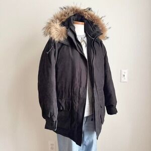 Liz Claiborne Down Fill Puffer Faux Fur Trim Black Brown Large